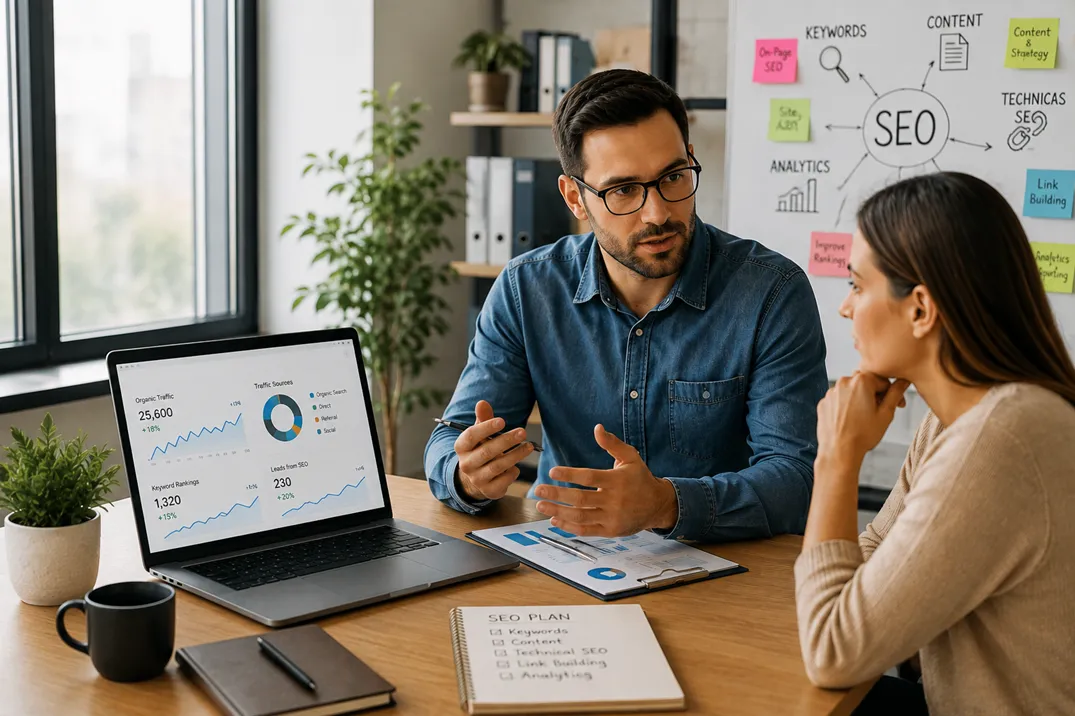 Small business owner meeting with an SEO marketing specialist to review website performance, rankings, and digital marketing strategy in a modern office.