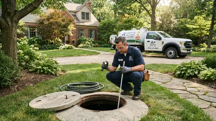 Septic technician inspecting a residential septic tank in a landscaped yard