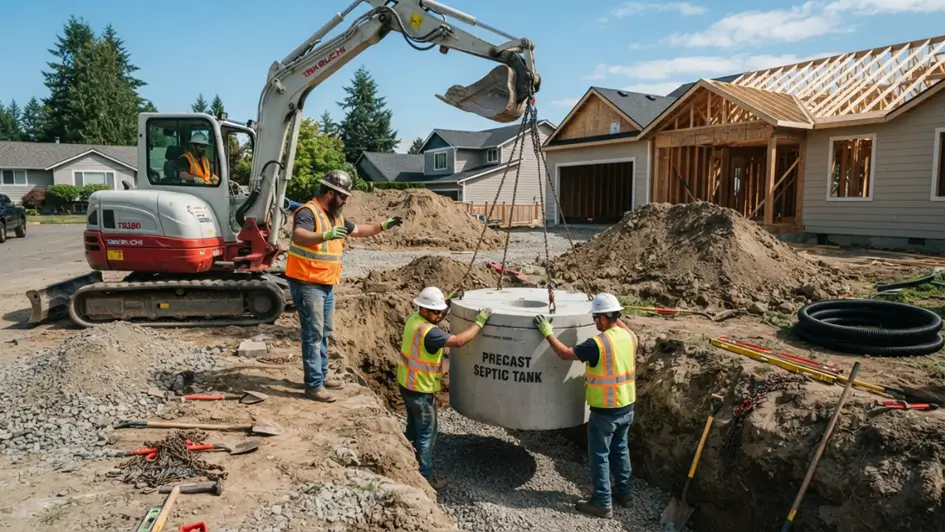 Septic contractors installing a septic tank during residential construction